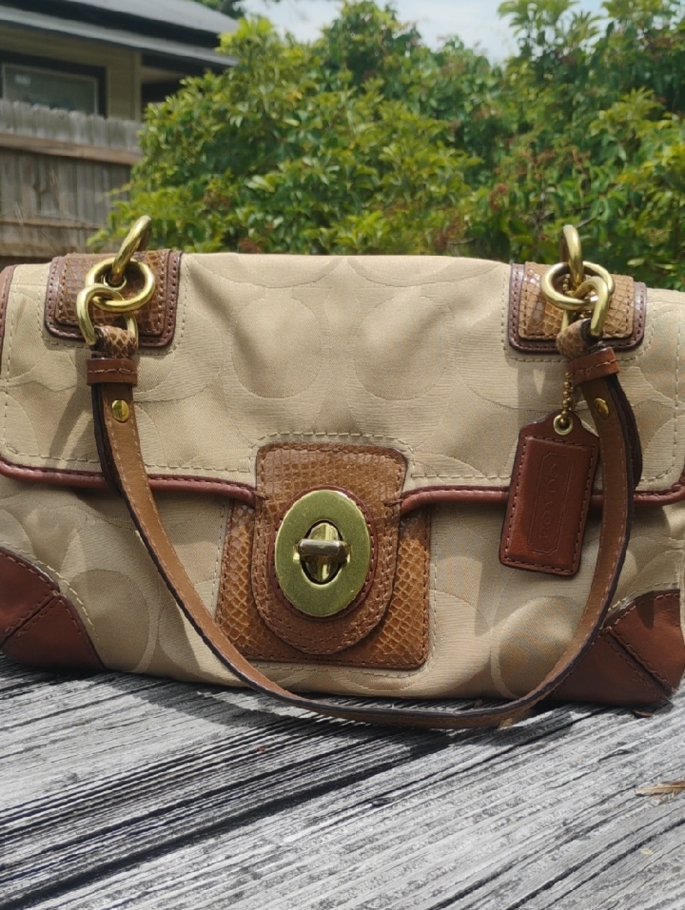 Coach Peyton Signature Sayeen Snakeskin Trim Turnlock Shoulder Bag 14504-2009